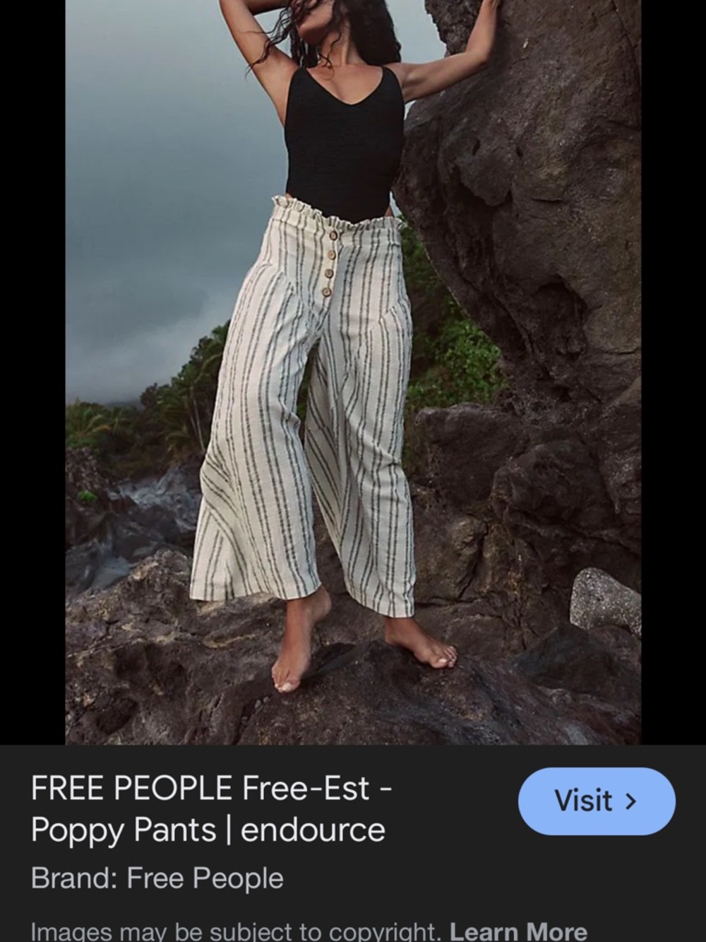 Free People NWT Sz Small Ivory Striped Cotton Poppy Paperbag Cropped Pants